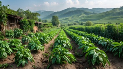 Wall Mural - Green chili farm in a serene countryside landscape with rolling hills and lush greenery under a clear blue sky.