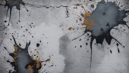 Poster - abstract paint splatters in black, gold, and gray on a textured concrete wall background