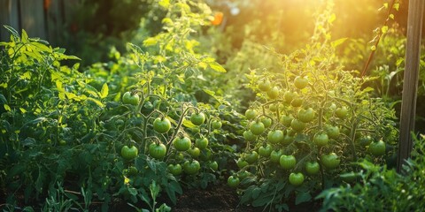Poster - Lush green tomato plants with ripening green fruit bathed in warm sunlight, surrounded by rich foliage in a vibrant summer garden setting.