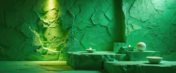 Poster - Textured green wall with artistic plaster finish illuminated by soft lighting, creating an abstract and inviting designer backdrop.