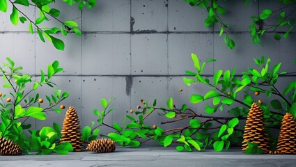 Poster - Green branches and pine cones against a grey concrete background with ample copy space for text or branding applications.