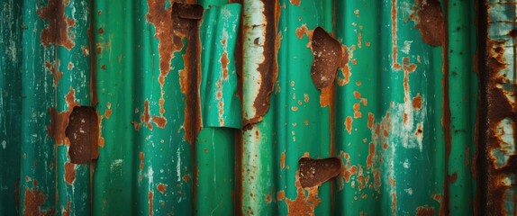 Poster - weathered green metal sheet with rust and peeling paint creating a vintage industrial backdrop for v