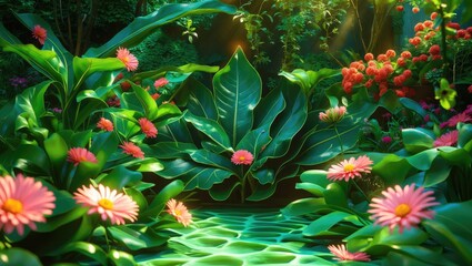 Poster - Vibrant garden scene with lush green leaves and colorful flowers creating a serene and inviting natural background atmosphere.