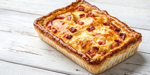 Poster - ruddy rectangular bacon pie on a white wooden background with a golden crust and selective focus, sh