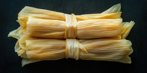 Poster - Freshly tied bundles of yellow corn husks stacked symmetrically on a dark wooden surface conveying a natural, rustic culinary theme.