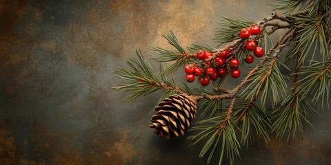 Wall Mural - Pine branch with vibrant red berries and a textured brown cone against a rustic green and brown background with soft lighting and detailed pine needles.