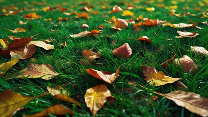 Poster - Vibrant grass lawn scattered with autumn leaves creating a picturesque fall landscape rich in color and texture.