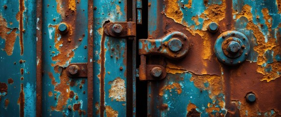 Poster - Rusty metal door texture showcasing vintage tones and grunge aesthetic for industrial and artistic design backgrounds.