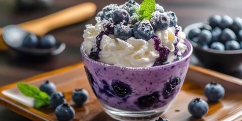 Poster - Creamy blueberry dessert in transparent bowl topped with whipped cream and fresh blueberries on wooden plate with mint leaves in the background.