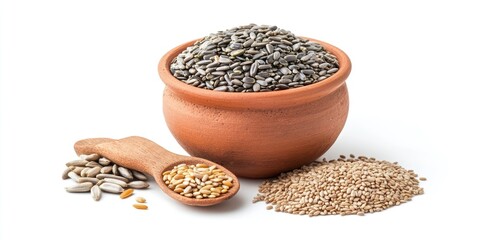 Aufkleber - Bowl of black and white sesame seeds with wooden spoon and scattered seeds on white background showcasing natural food ingredients.