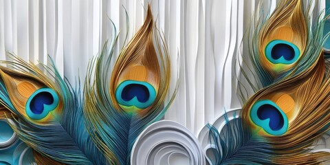 Poster - Colorful peacock feathers in shades of blue and gold arranged on a white textured panel against a metallic silver backdrop with elegant detailing.
