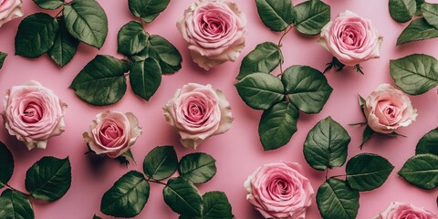 Aufkleber - Overhead arrangement of soft pink roses and lush green leaves on a pastel pink background, showcasing floral beauty and elegance.