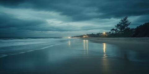 Poster - Serene coastal evening with dark clouds and reflections on wet sand, illuminated by distant streetlights and a quiet shore lined with palm trees.