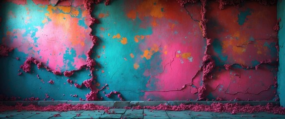 Poster - Colorful grunge wall background with vibrant peeling paint and texture perfect for artistic or urban design elements