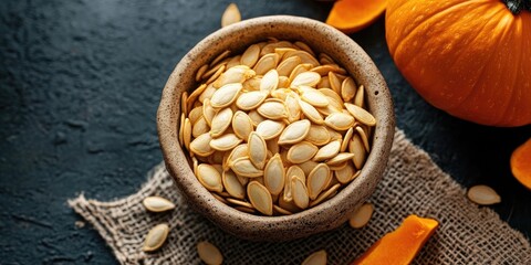 Poster - Delicious pumpkin seeds in a rustic bowl center on dark textured surface, vibrant orange pumpkin on the right with scattered seeds and burlap.