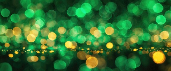 Poster - Lush green and golden bokeh texture creating a vibrant abstract background for design projects and festive themes.