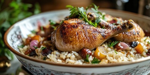 Aufkleber - Elegant vintage ceramic bowl filled with savory roasted chicken legs on a bed of rice garnished with herbs and colorful vegetables featuring warm tones.