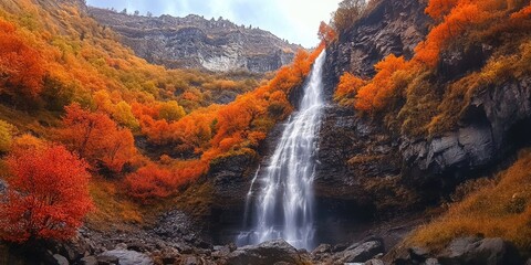 Aufkleber - Majestic waterfall cascading down rocky cliffs surrounded by vibrant orange and golden autumn trees under a cloudy sky in a scenic landscape