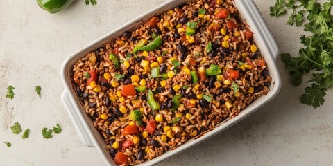 Poster - Vegetable and grain casserole featuring vibrant green peppers, corn, black beans, and red tomatoes in a white baking dish on a light background.