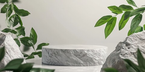 Aufkleber - Minimalist stone podium surrounded by lush green leaves and textured rocks on a light background emphasizing tranquility and nature.