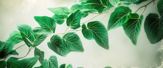 Poster - Vibrant green leaves on a soft white background showcasing natural beauty and tranquility in a minimalist design.