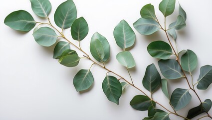 Poster - Eucalyptus leaves arrangement on a white background showcasing natural beauty and freshness suitable for eco-friendly designs and decor.
