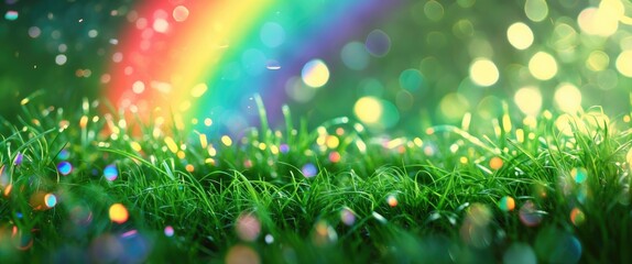 Poster - Vibrant green grass with bokeh effect and a colorful rainbow creating a serene nature background for seasonal or emotional themes.