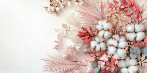 Aufkleber - Elegant floral arrangement featuring cotton blooms and dried leaves in soft pinks and creams, positioned in the top left of a light background.
