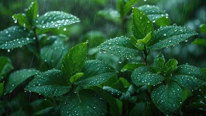 Poster - Fresh green leaves adorned with raindrops, showcasing nature's beauty and tranquility in a lush environment.