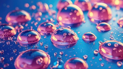 Poster - Liquid droplets with bubbles on a vibrant blue background showcasing glycerin texture and reflections in a mesmerizing abstract composition.