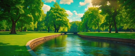 Poster - Lush green park featuring a serene river under a vibrant blue sky with fluffy clouds and abundant trees enhancing the peaceful atmosphere.