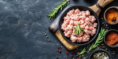 Aufkleber - Ground chicken and turkey in a black bowl on a dark wooden board with fresh rosemary and colorful spices arranged around, top view composition