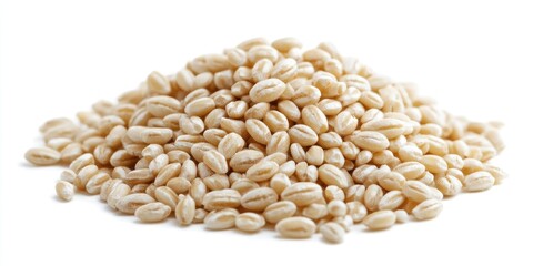 Poster - Pile of pearl barley with smooth creamy texture positioned centrally against a clean white background emphasizing its culinary versatility and natural appeal