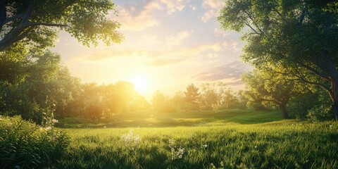 Fototapete - Serene sunrise in tranquil green landscape with vibrant grass and trees under a colorful sky illuminated by soft morning light.