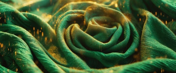 Poster - Elegant green cotton fabric texture with delicate rose shape and sparkling elements for luxurious design backgrounds and textile visuals.