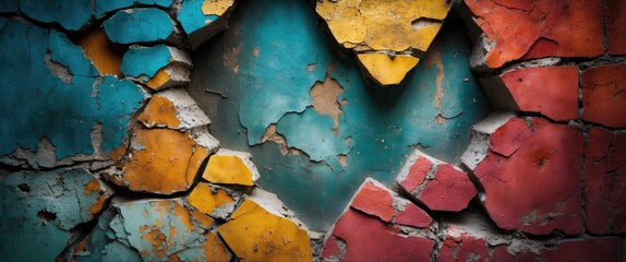 Poster - Colorful cracked wall with peeling paint showcasing grungy texture and weathered effects perfect for backgrounds or artistic projects.