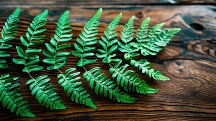 Poster - Lush green fern leaves gracefully arranged on a rustic wooden table, showcasing the beauty of nature and selective focus techniques.