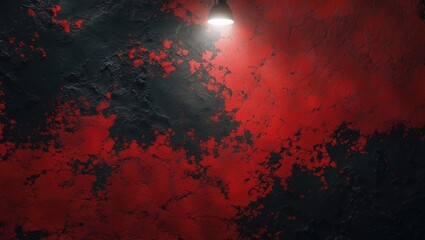 Poster - Grunge wall texture in red and black hues illuminated by overhead light creating dramatic contrast and unique visual appeal.