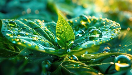 Poster - Vibrant macro photography of green leaves adorned with glistening water droplets under soft natural light.