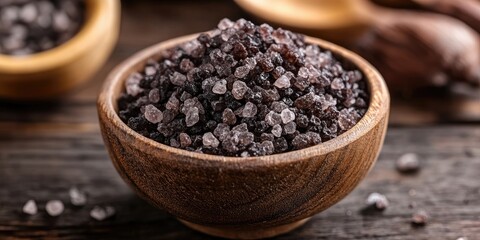 Poster - Black salt in a wooden bowl positioned at the center, with dark wood surfaces and rustic spoons in the background, creating a natural ambiance.