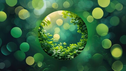 Poster - Abstract green nature background with circular bokeh effect and lush foliage creating a serene and dreamy atmosphere.