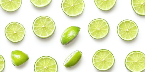Poster - Seamless arrangement of vibrant green lime halves and whole limes on a bright white background with balanced composition for a fresh appeal