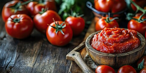 Poster - Fresh ripe red tomatoes and a bowl of rich tomato paste on a rustic wooden table with green leaves in the background. Natural lighting enhances colors.