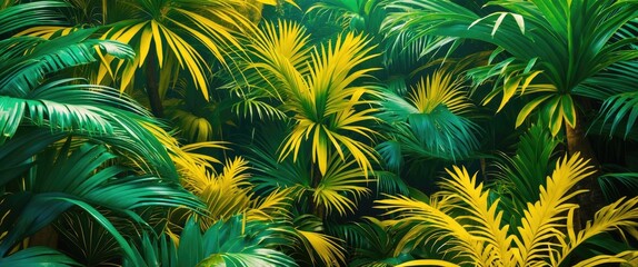 Poster - Vibrant tropical foliage featuring green and yellow palm leaves creating a lush, exotic atmosphere for design and nature-themed projects.