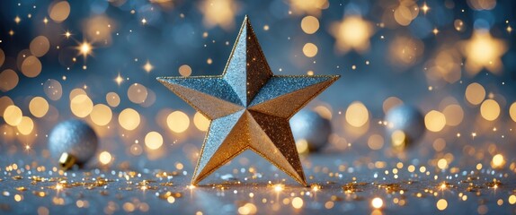 Poster - Glittering star decoration with festive bokeh lights creating a magical Christmas background atmosphere for seasonal celebrations.