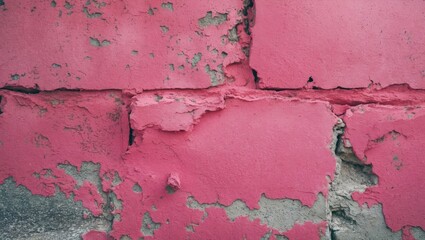 Poster - Weathered pink grunge texture on brick wall showcasing peeling paint and rough surfaces ideal for backgrounds and artistic designs