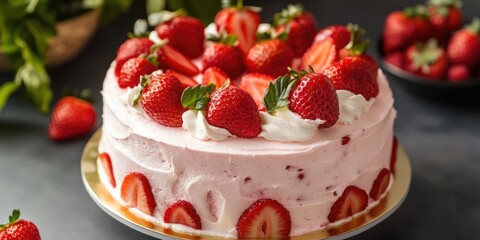 Poster - Strawberry cream cake topped with fresh strawberries and whipped cream in pastel pink and white hues, placed on a dark background with green foliage.
