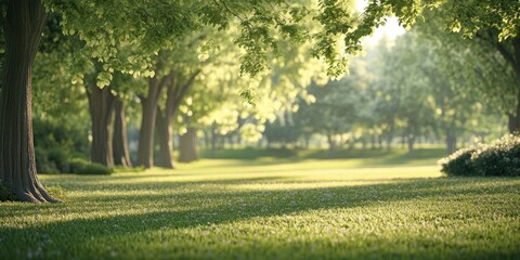 Fototapete - Serene park scene with vibrant green grass illuminated by morning light, soft blurred foliage hanging from lush trees creating a tranquil atmosphere.