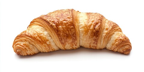 Poster - Golden flaky croissant positioned centrally against a white background showcasing its textured, crispy layers and warm hues of brown and gold.