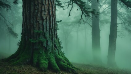 Poster - Misty green forest scene featuring a pine tree trunk with moss creating a mystical atmosphere for design and nature themes.